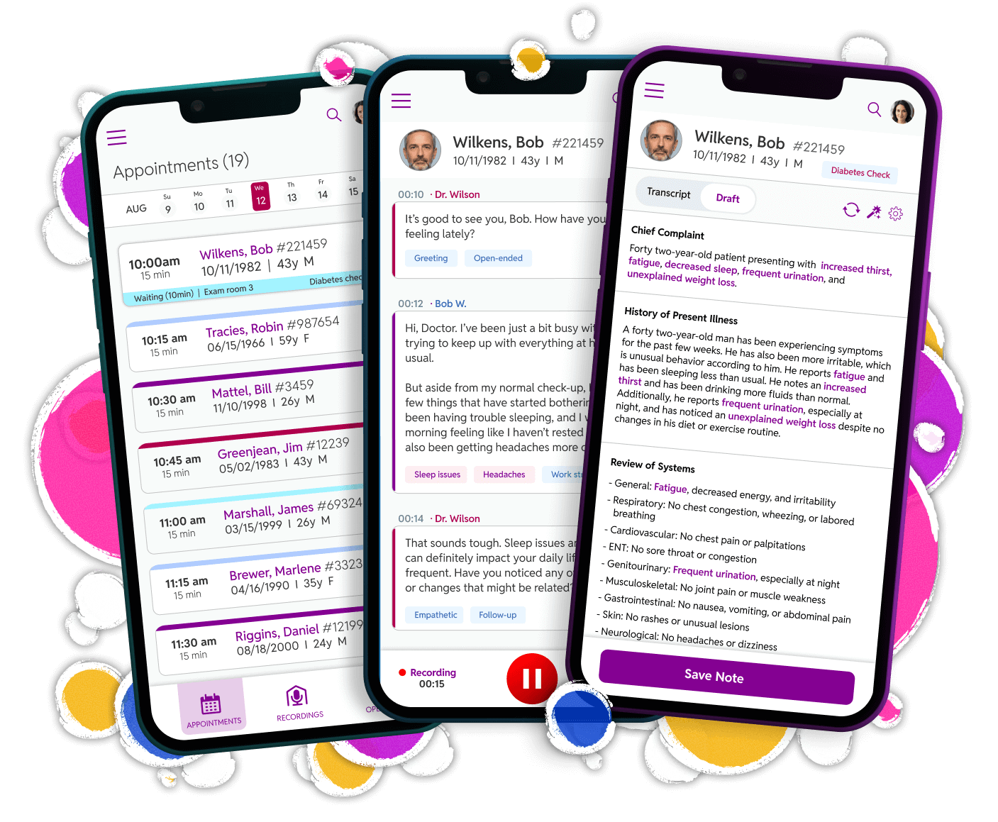 Voice screens, Appointments, Note Draft, and Transcribing real-time